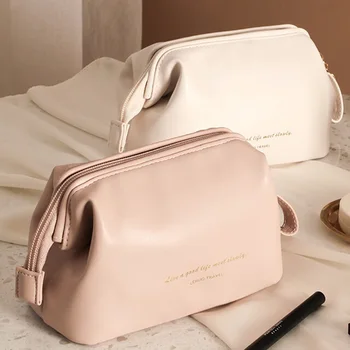 Elegante Pochette per Trucchi in Pelle PU, Borsa da Toilette Minimalista Portatile per Uso Quotidiano e Viaggi