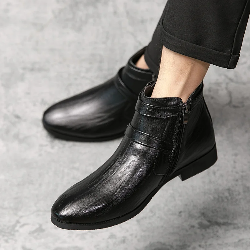 Big Size 47 Retro Black High Top Leather Shoes Men Elegant Men's Dress Boots Comfortable Pointed-Toe Ankle Boots zapatos hombre