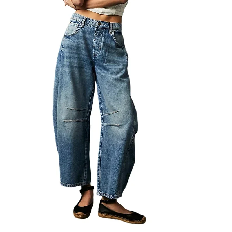 2024 Cropped Jeans for Women y2k Aesthetic Solid Casual Loose Low Waist Baggy Denim Trousers Wide-Leg Washed Jeans Tapered Pants 1