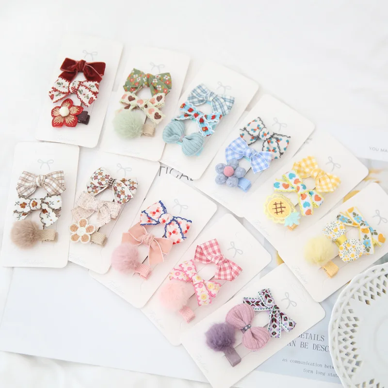 

3Pcs Cloth Bowknot Hair Clips for Baby Girl Floral Embroidery Barrettes Cute Pompom Hairpin Plaid Hairgrip Baby Hair Accessories