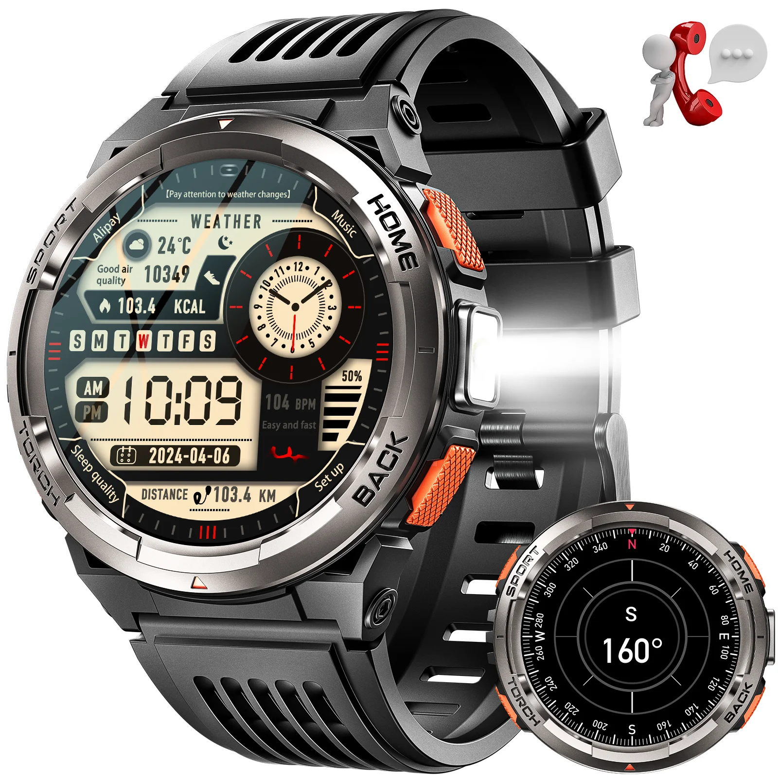 Смарт-годинник EIGIIS KE5 для чоловіків зі світлодіодним ліхтариком 530 мАг Велика батарея Компас Барометр висоти SOS Сигналізація Трекер 3ATM Waterproo