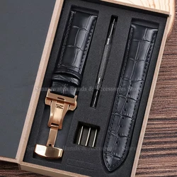 Premium Leather Watch Strap with Universal Butterfly Clasp (Multiple Sizes Available) - 22mm (Black - Rosegold)