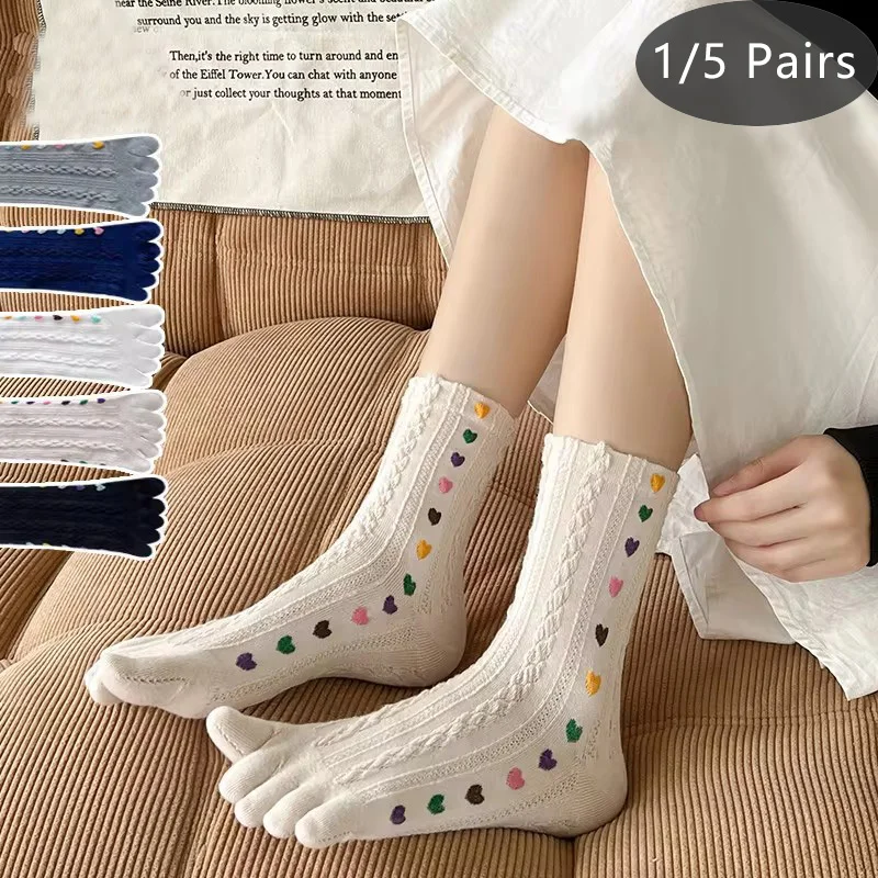 1/5 Paar 5-Finger-Socken für Damen und Mädchen, Baumwolle, 3D-Jacquard, Vintage, niedliche Liebe, bunt, weich, elastisch, schweißabsorbierend, Zehen-Happy-Socken