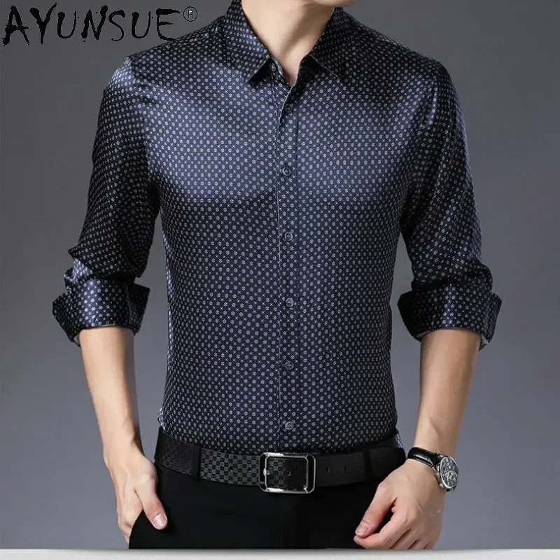 Men's 90.2% Mulberry Real Silk Shirt Long Sleeved Silk Satin Loose Tops Printed Shirts Men Spring Autumn Men's Clothing Camisa