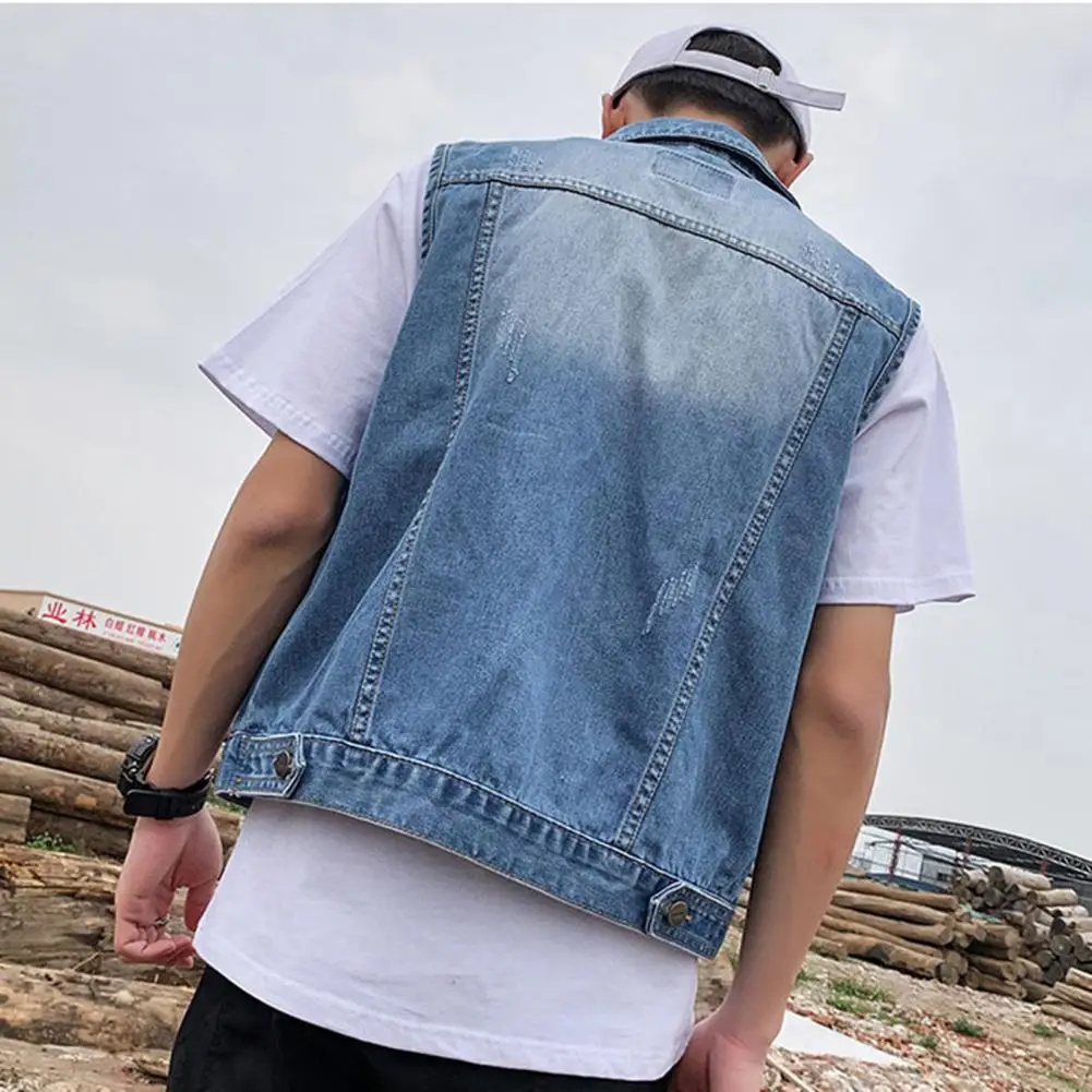 Sleeveless Denim Vest Stylish Men's Denim Waistcoat with Ripped Holes Pockets Casual Sleeveless Jacket for A Loose Fit Single