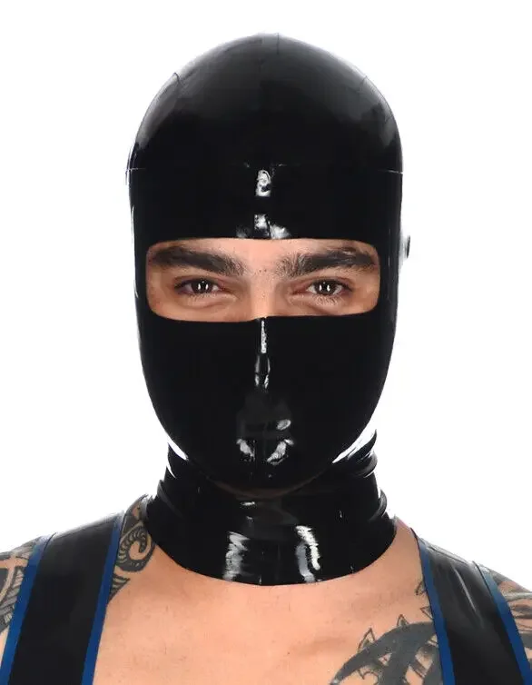 

Latex 100% Rubber Hood Overall Halloween Club Black Open Eyes Headgear 0.4mm S-XXLHalloween