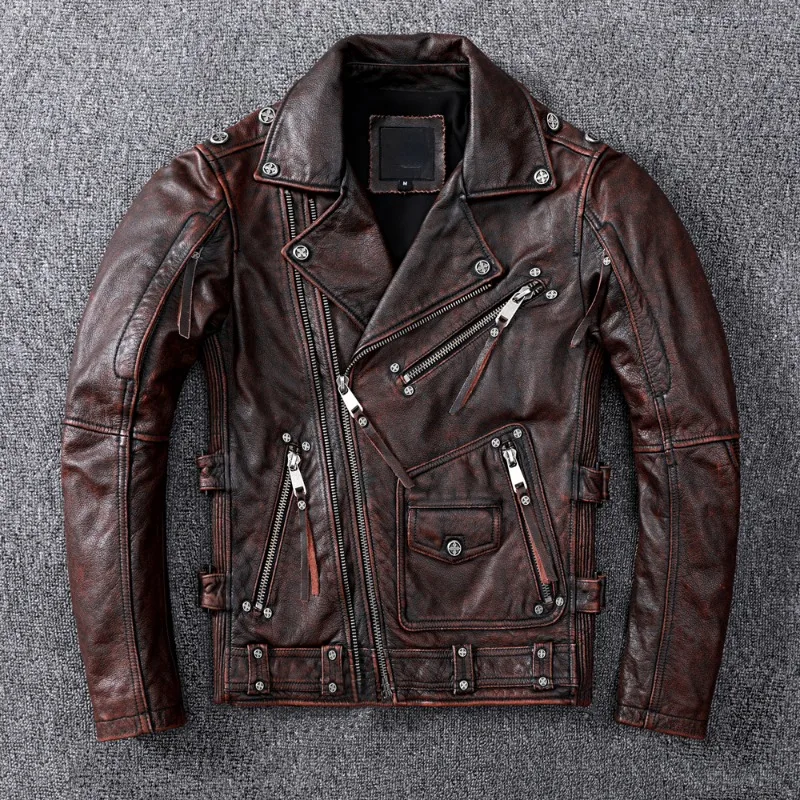 Men Natural Genuine Cowhide Jackets Vintage Brown Motorcycle Leather Jacket  Autumn Slim Fit Biker Ooblique Zipper Coat