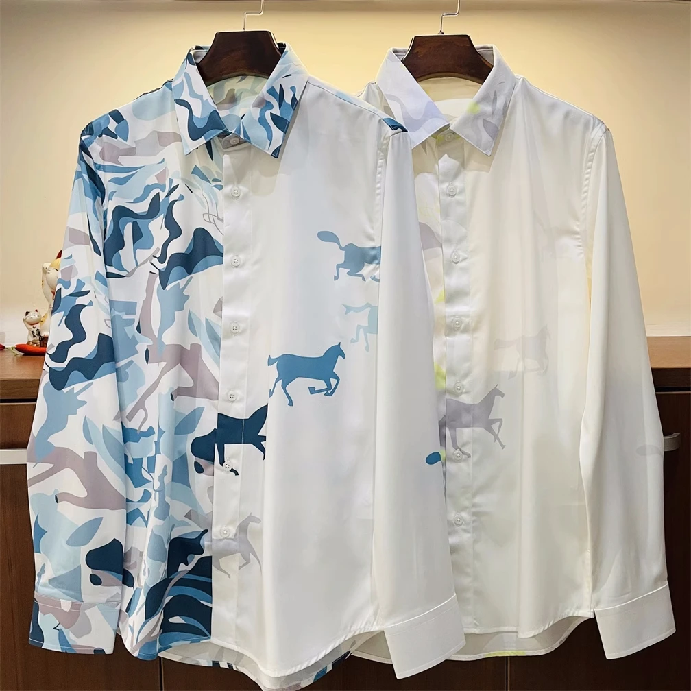 

2023 Spring Summer Brand New Designer Men's High Quality 50%Silk Print Long Sleeves Shirt Tops F107