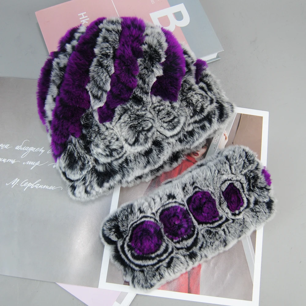 New Fashion Real Fur Hats Scarves Sets Women Winter Knitted Real Rex Rabbit Fur Hat Scarf Ladies Natural Fur Hats Mufflers Sets 6