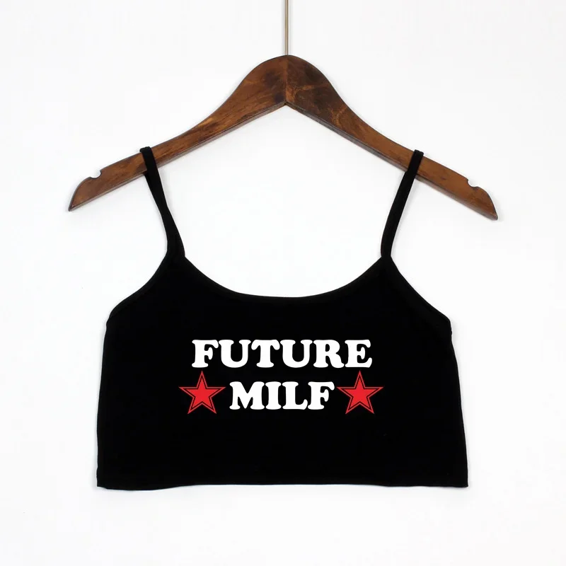 

FUTURE MILF New Sexy Crop Top Funny Letters Print Summer Women's Sexy Elastic Cotton Camis Sleeveless Short Tank Top Bar Women