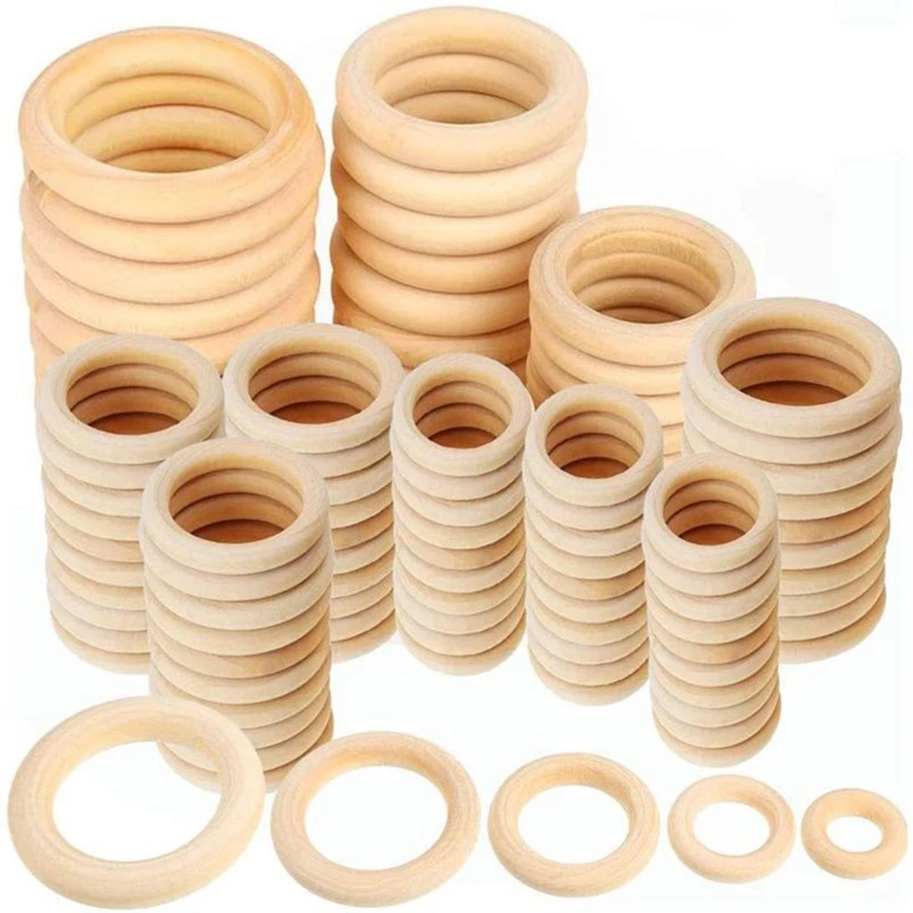 120Pcs Unfinished Wooden Rings 15-55MM Natural Wood Rings for Macrame DIY Crafts Wood Hoops Ornaments Connectors Jewelry Making