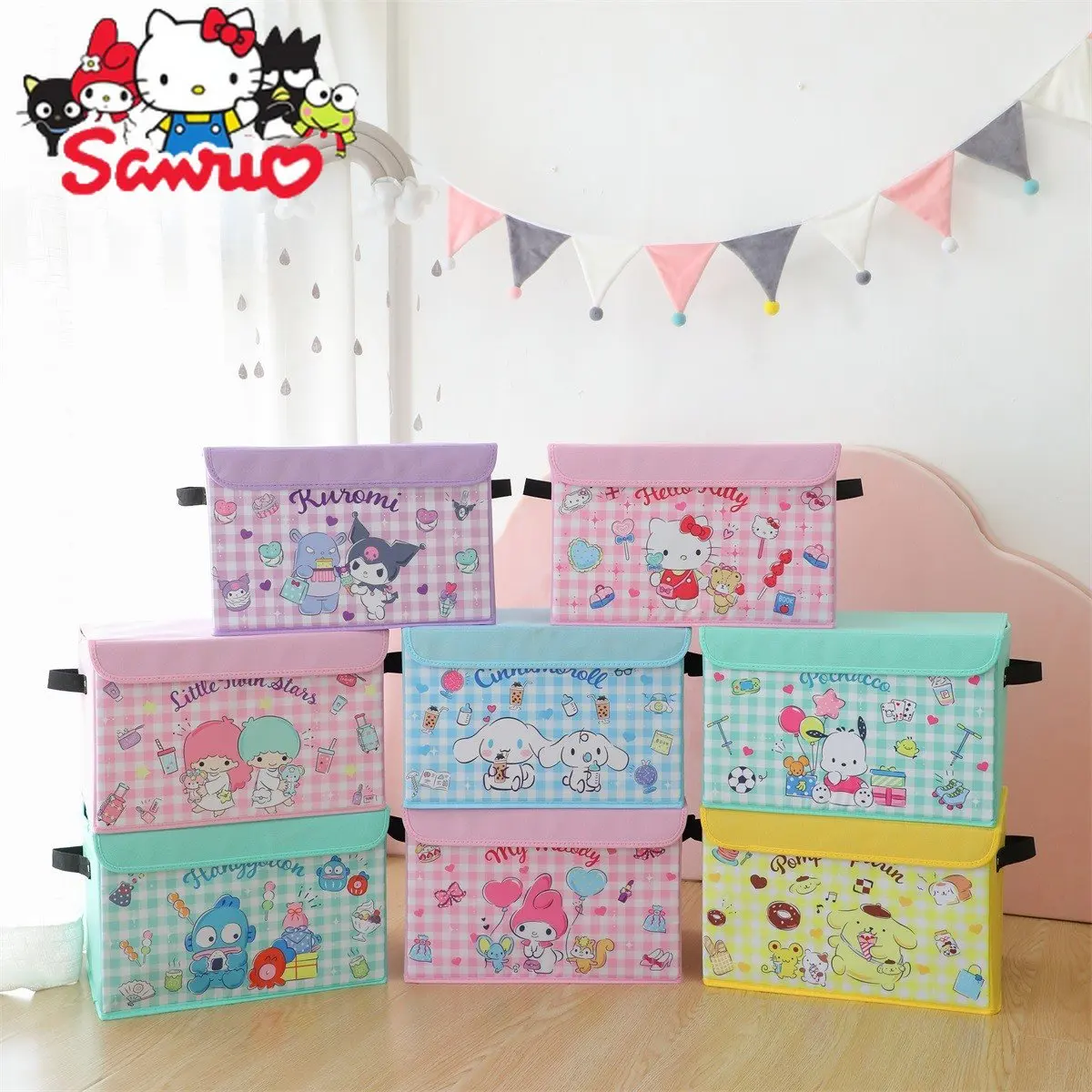 

Sanrio Melody Kuromi Hello Kitty Cinnamoroll Pochacco Storage Oxford Cloth Box Fabric Wardrobe Storage Clothes Organizing Box