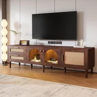 70" TV Stand with LED Lights, 3 Cabinets & 2 Drawers, Solid Wood Feet, TVs Up To 80", Living Room Rattan TV Stand 1