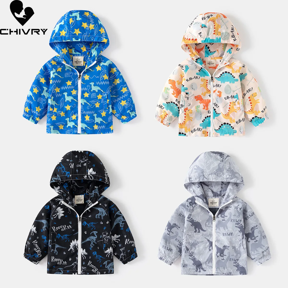 

New 2024 Kids Fashion Cartoon Dinosaur Print Hooded Zipepr Thin Sun-proof Coat Children Boys Casual Outdoor Jackets Clothing