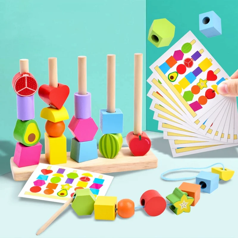 Kids Color Shape Matching Toys Montessori Wooden Puzzle Game Fine Motor Skills Training Lacing Beads Games Educational Toy 5