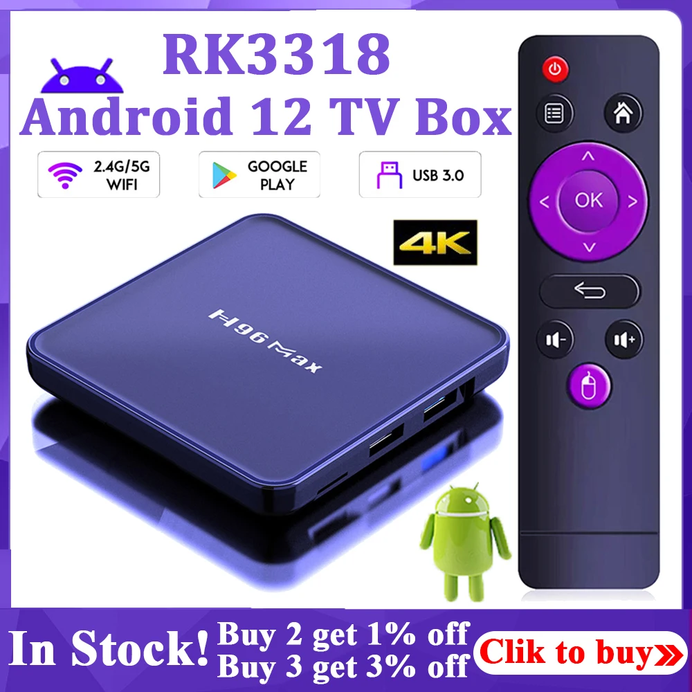 

2023 H96 MAX V12 Smart TV Box Android 12 4K 4GB RAM 64GB ROM Dual Wifi BT Media Player Google Player CPU RK3318 Set Top Box