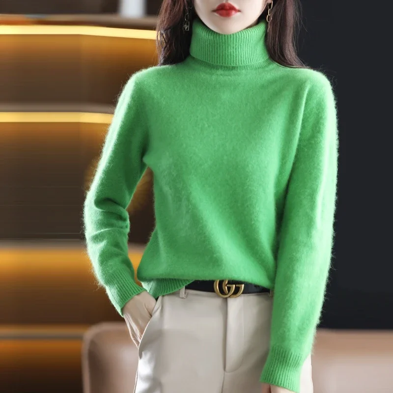 

Новинка Осень-зима 2024 норковый кашемировый свитер женский вязаный пуловер с высоким воротником Большие размеры свободный базовый толстый теплый топ N133