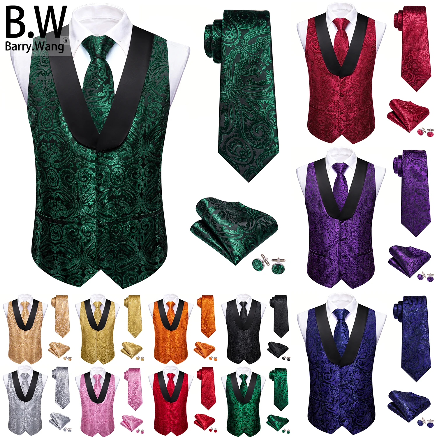 

Barry.Wang Silk Men Shawl Collar Vest Tie Hanky Cufflinks Set Jacquard Paisley Floral Waistcoat Sleeveless Jacket Wedding Office