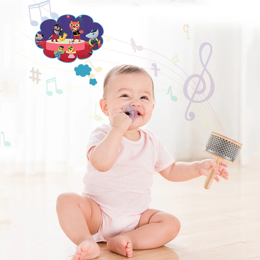 Wooden Cabasa Percussion Musical Instrument Metal Beaded Chain & Cylinder Pop Hand Shaker for Classroom Band Medium Size