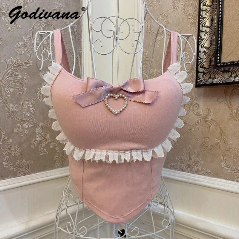 

Sweet Girl's Heart Pearl Bow Big Love Wooden Ear Slim Fit Midriff-Baring Short Top Ladies Padded Strap Vest Sexy Camisole