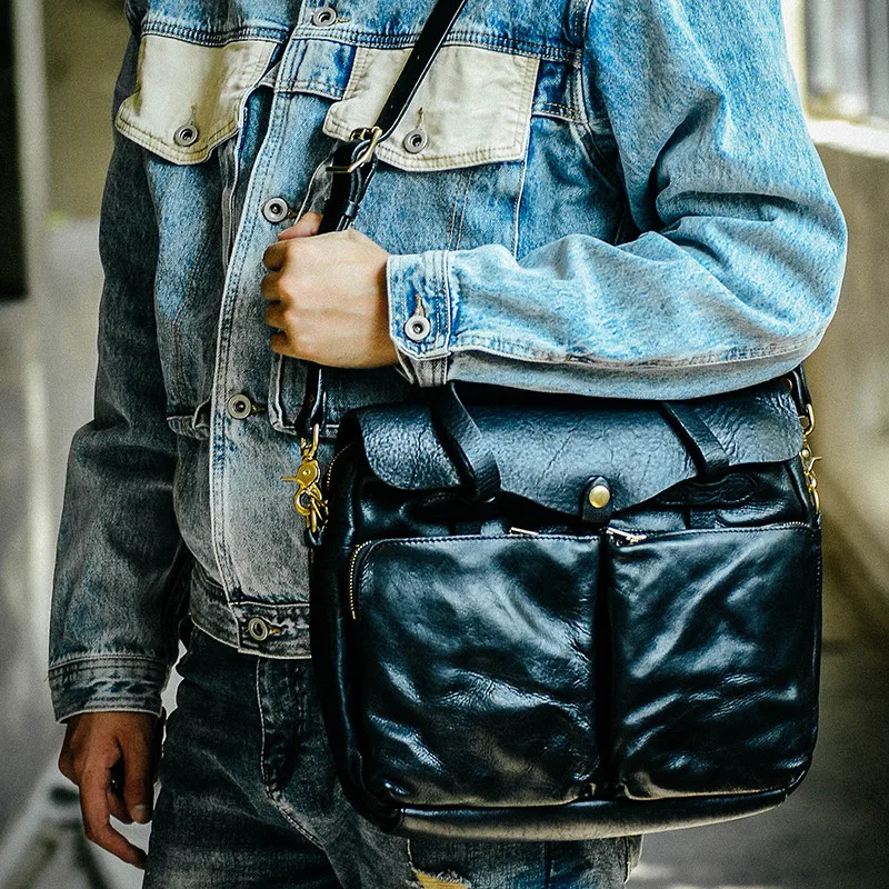 

Business fashion genuine leather black handbag luxury organizer designer handmade briefcase natural real cowhide messenger bag