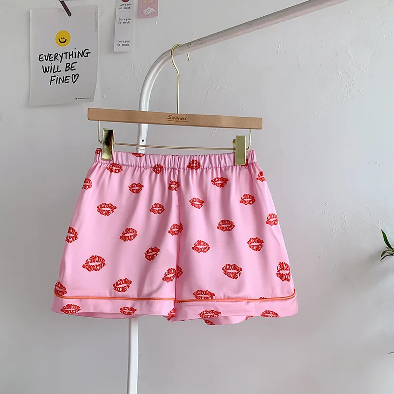 Cute Lips Elegant Pamas Set for Women Two Pieces Satin Silk Home Clothes Night Wear Summer Ladies Shorts Pjs Lounge_voghion.com