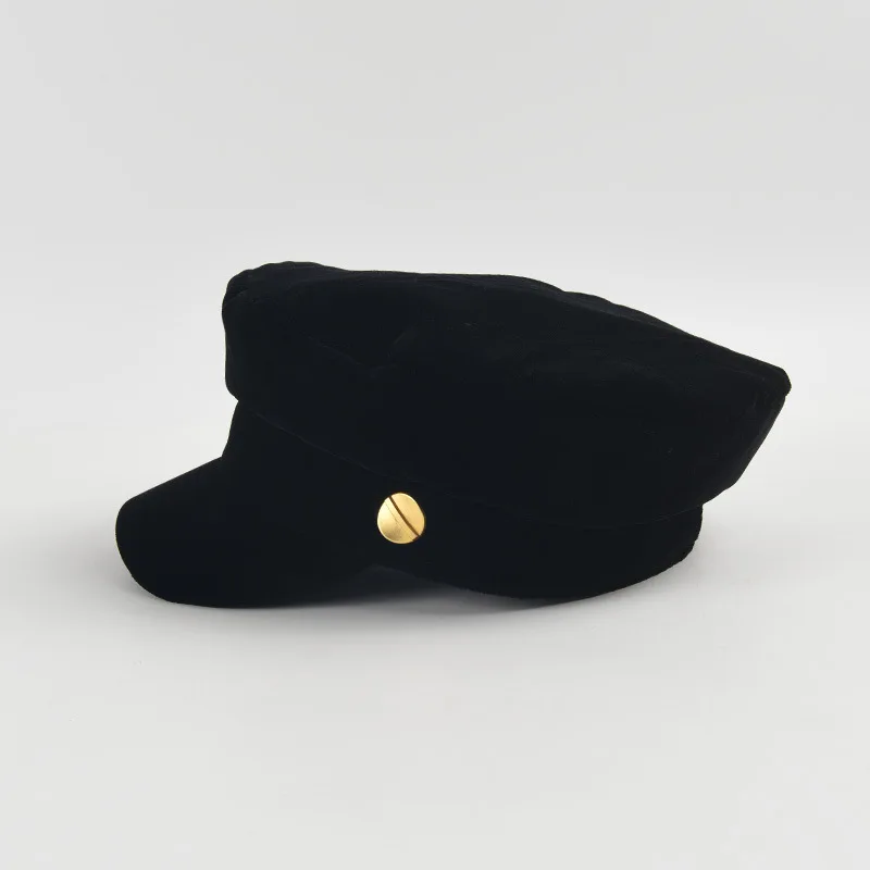 Autumn And Winter New Fashion Black Velvet Navy Cap Women's British Retro Hundred With Flat-Top Newsboy Hat