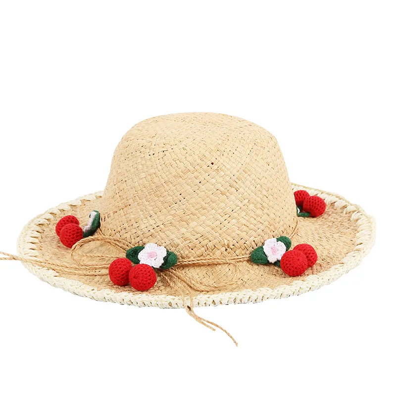 Hand Woven Childrens Straw Hat Parent-child Big-brimmed Sunscreen Hat Three-dimensional Strawberry Decorated Raffia 