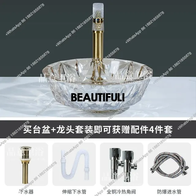 อ่างล้างหน้าคริสตัลสไตล์มินิมอลหรูหราแบบเรียบง่าย สำหรับห้องน้ำในบ้าน โรงแรม ทำจากแก้วใส 4