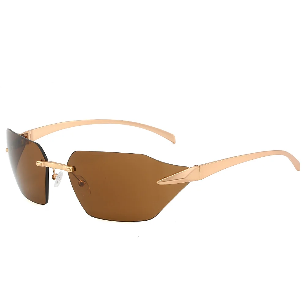 New Frameless Edge-cut One-piece Curved Sunglasses For Women, High-end Trendy Metal Car Sunglasses 81069