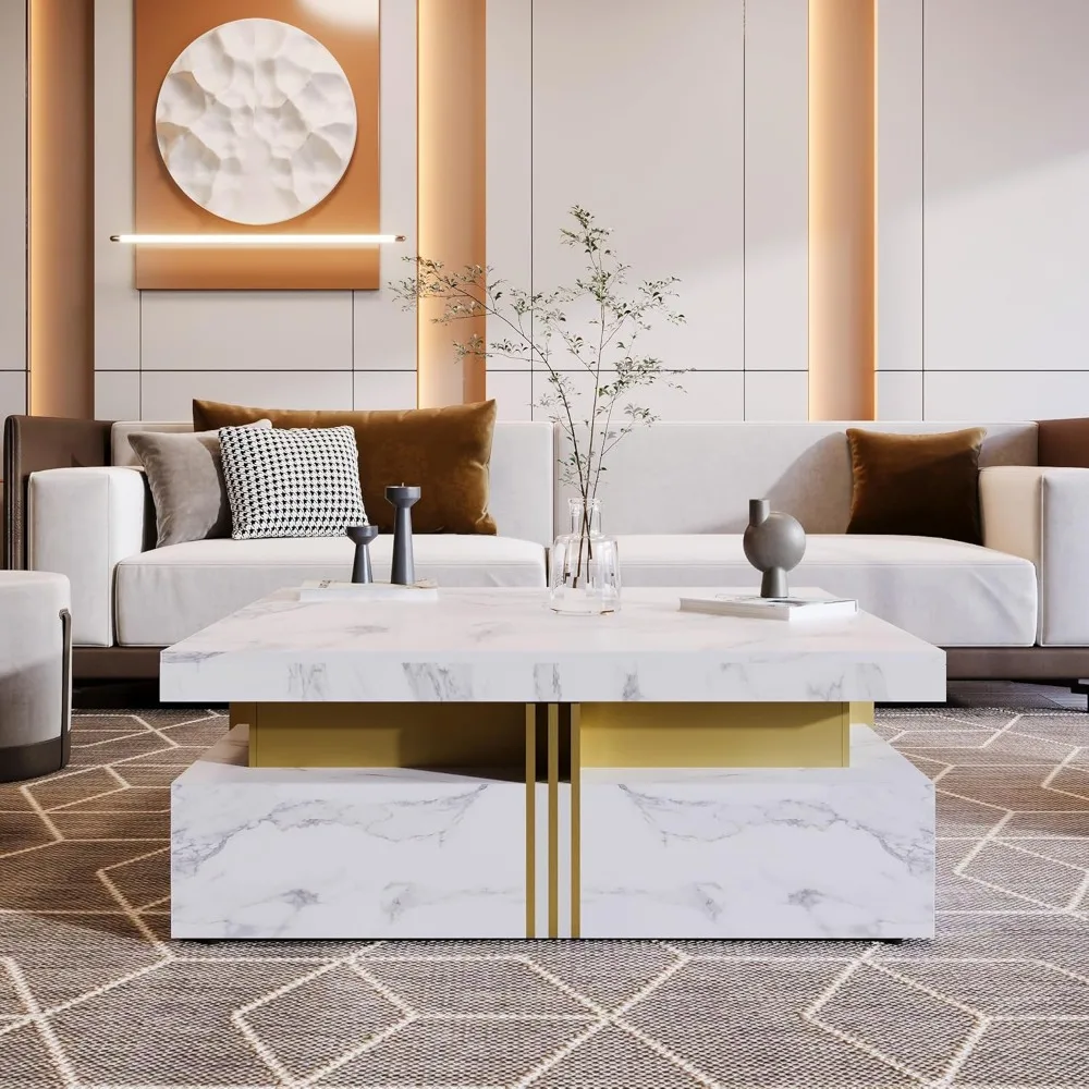 White Coffee Table for Living Room, Modern Square Design with Storage Marbling 4