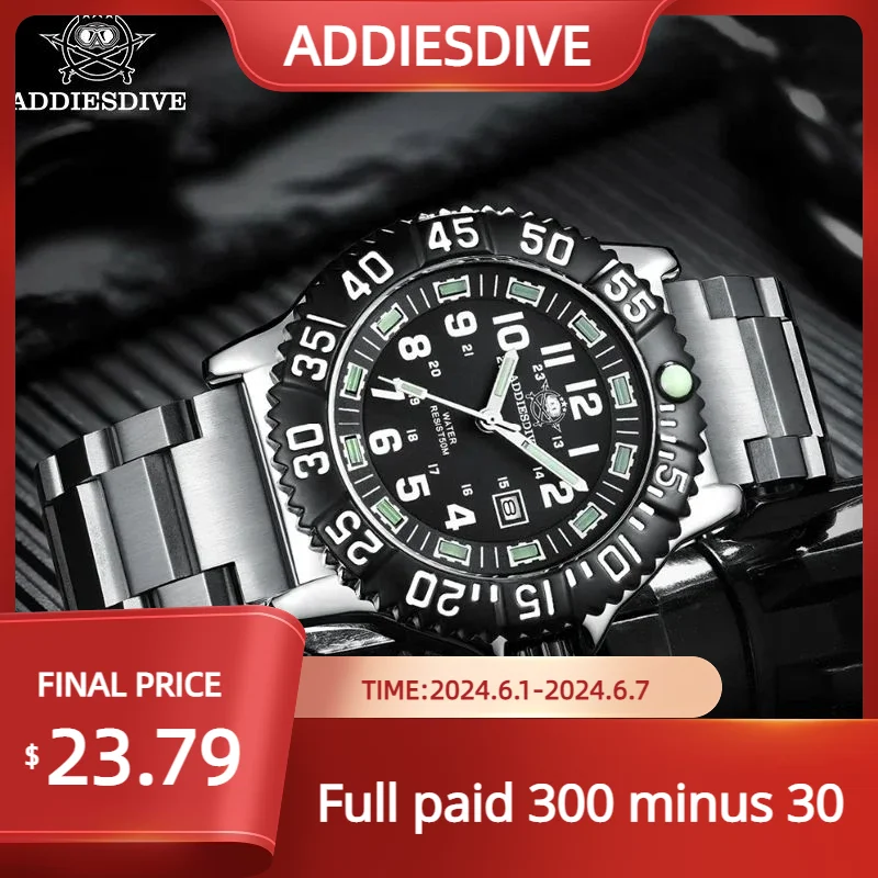 ADDIESDIVE Men's Tubular Luminous Quartz Watches Stainless Steel Black Dial Alloy Case Watches 50m Waterproof Dive Wristwatches