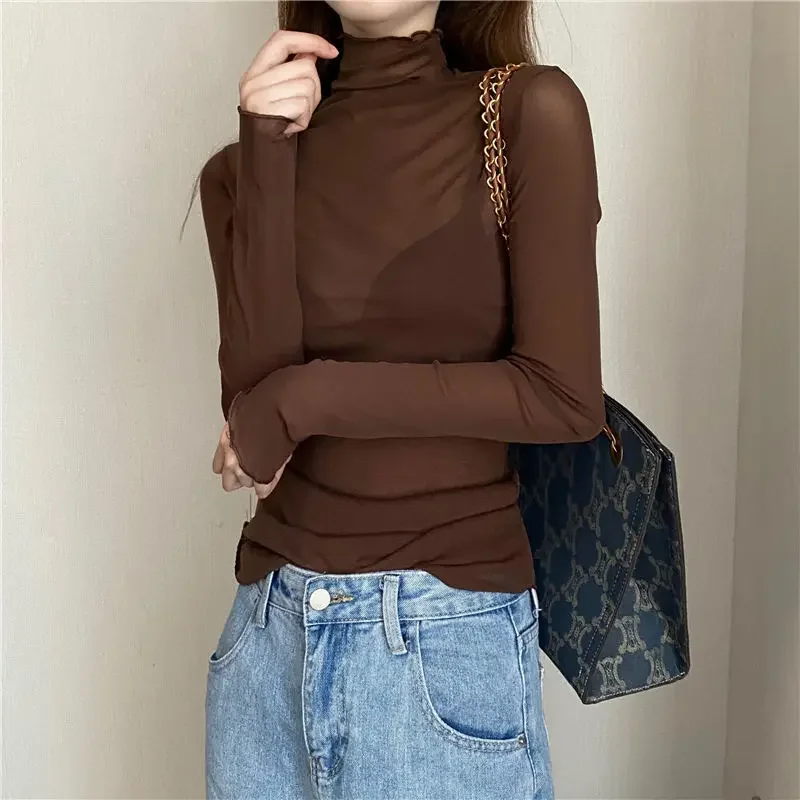 Sexy Women T Shirt See Through Transparent Mesh Tops Long Sleeve Sheer Slim Ladies Solid Turtleneck Silk T-Shirt Lace Crop Top