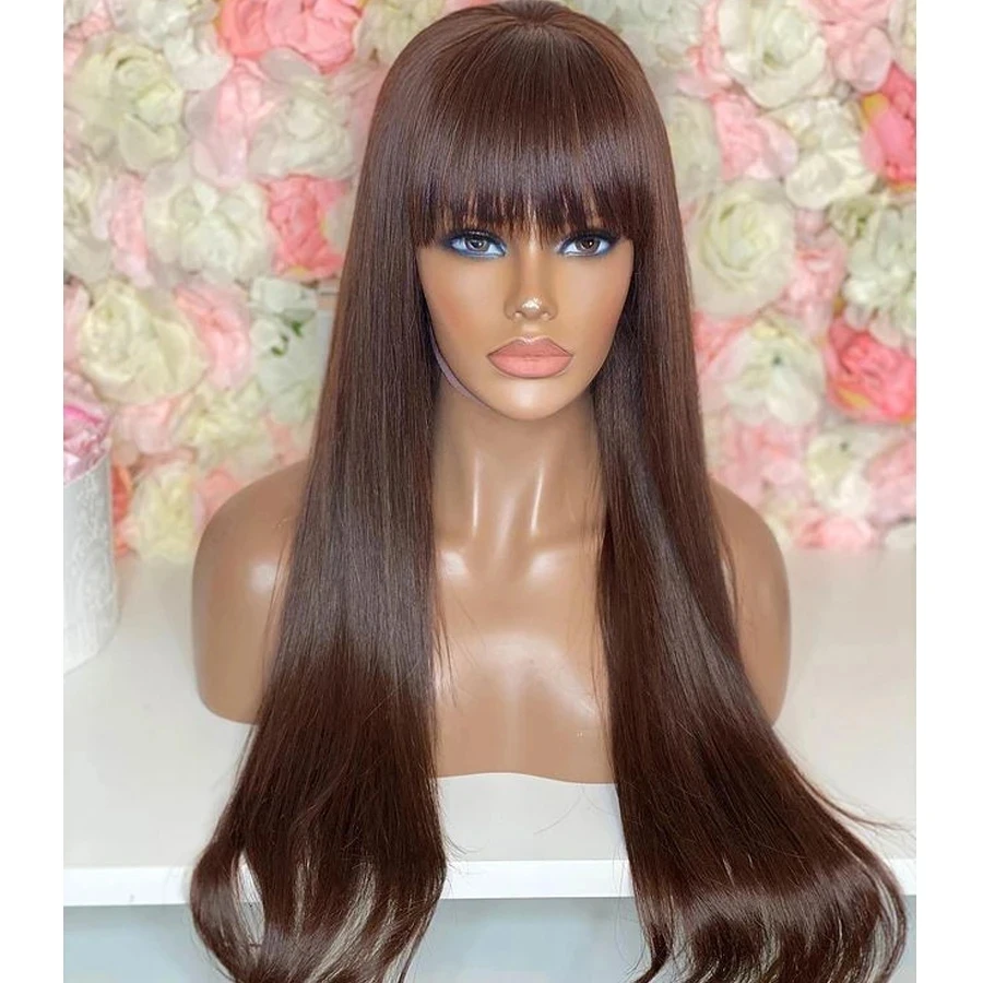 

ZXBMALWIGS Long Chocolate Brown Transparent Lace Front Synthetic Hair Wigs Straight with Bangs Lace Frontal Fringe Wigs