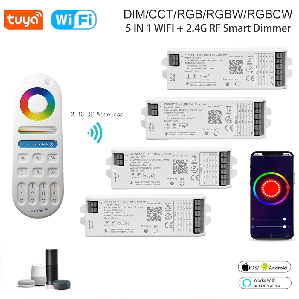 

5IN1 Tuya Wifi Bluetooth LED Controller Smart Dimmer DC12V 24V CCT RGB RGBW RGBCCT Led Strip Light 2.4G RF Touch Remote Control