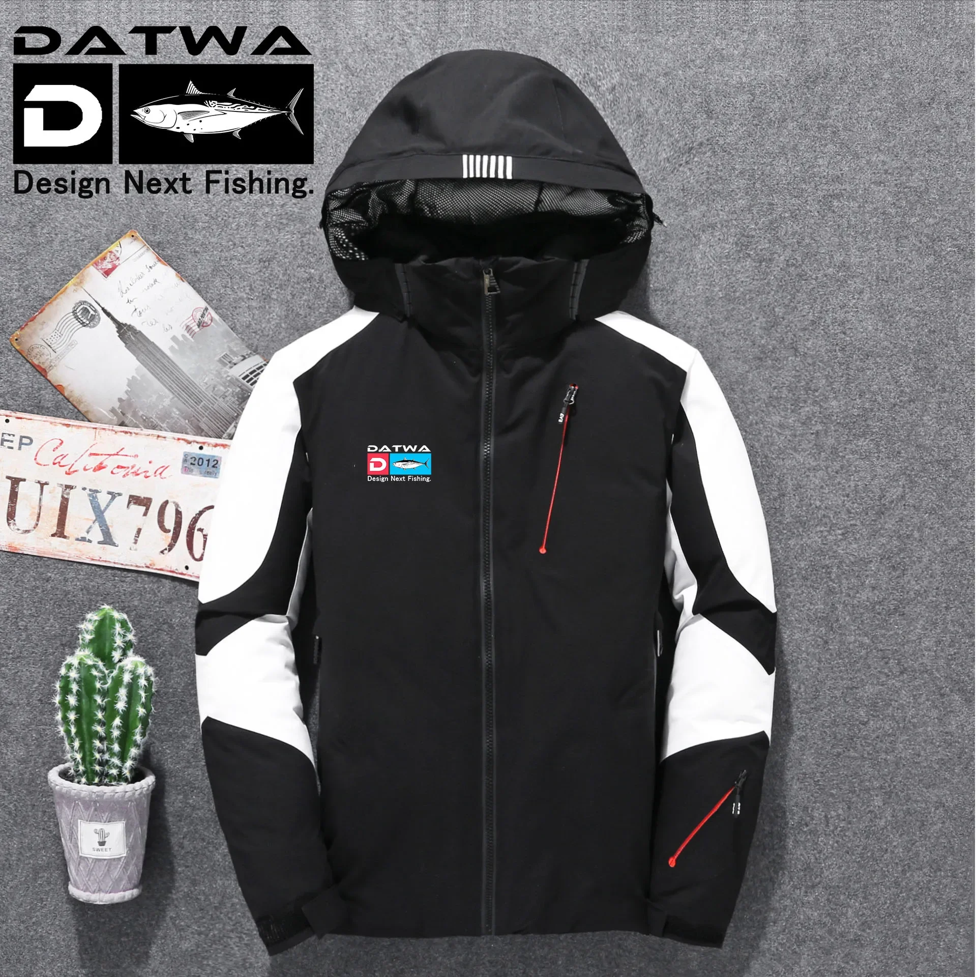 Datwa 야외 스포츠 두꺼운 후드 낚시 재킷, 가디건 프린트 재킷, 작업 스타일 코튼 하이킹 코트, 가을 겨울