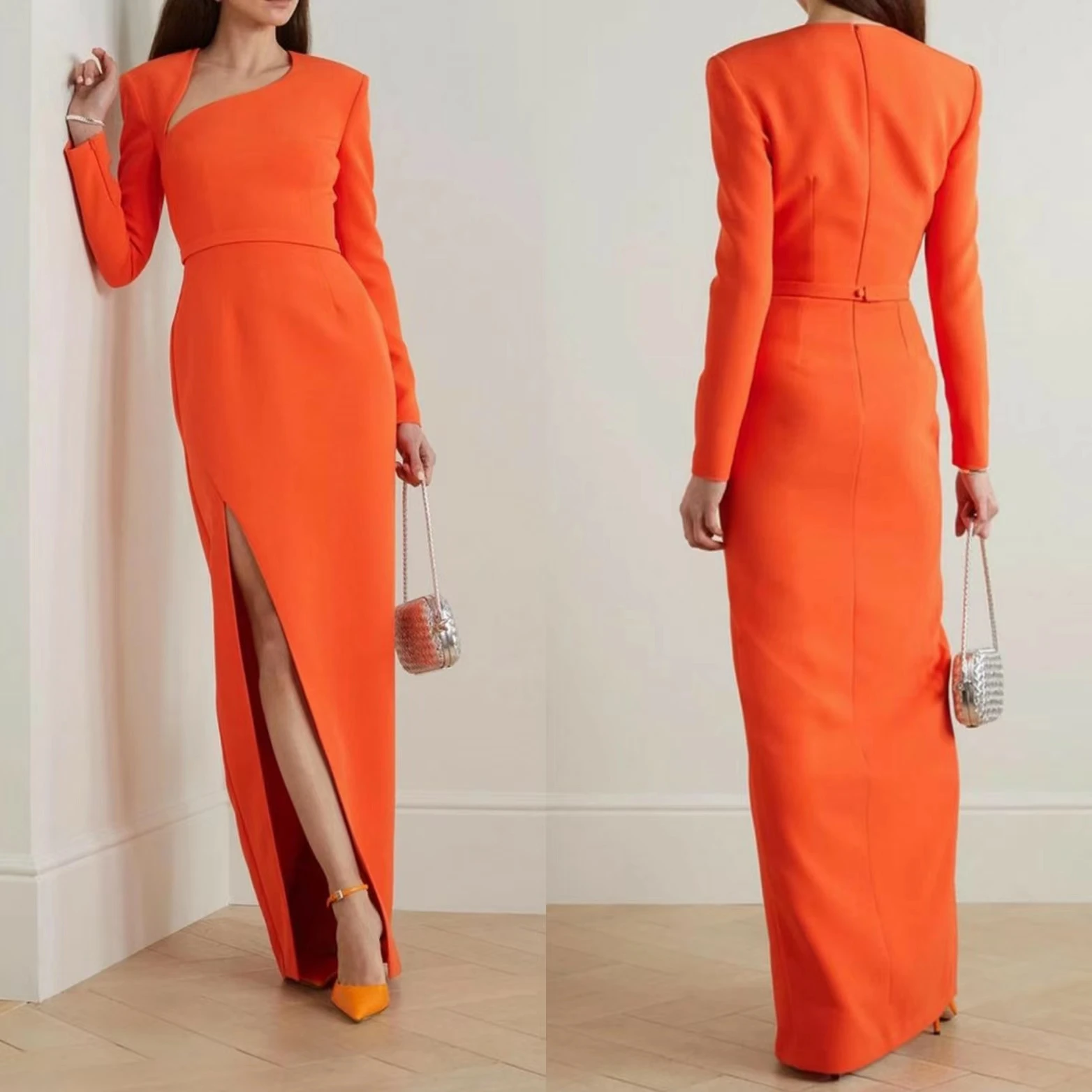 

Elegant Long Orange Crepe Evening Dresses With Slit Sheath Wrapped Neck فساتين السهرة Floor Length Prom Dress for Women