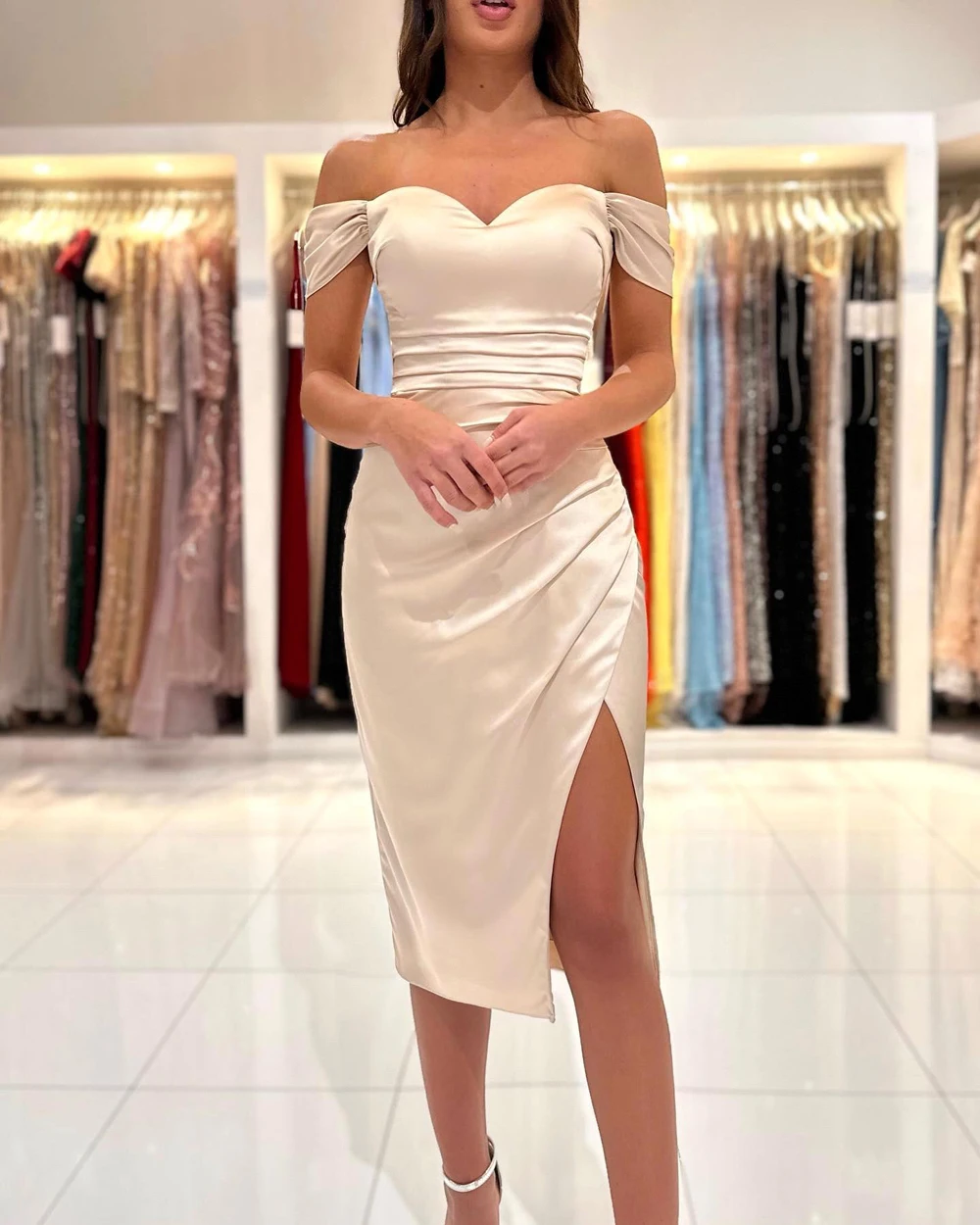 

Champagne Satin Long Mermaid Evening Dresses Off The Shoulder Prom Gowns For Women Formal Party With High Slit Robe De Soiree