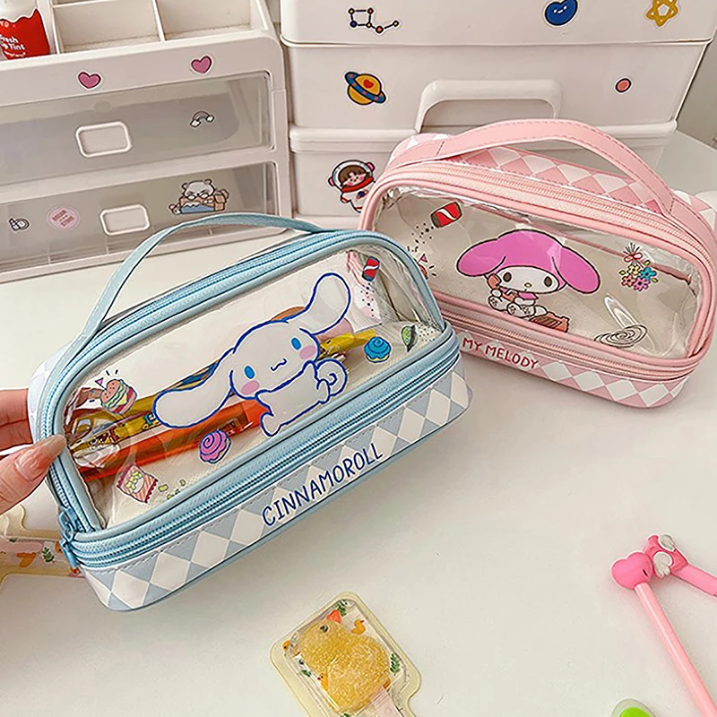 

1 шт. Sanrio Kuromi прозрачная двойная Сумка милая Hello Kitty карандаш искусственная мультяшная сумка для хранения косметичка для девочек