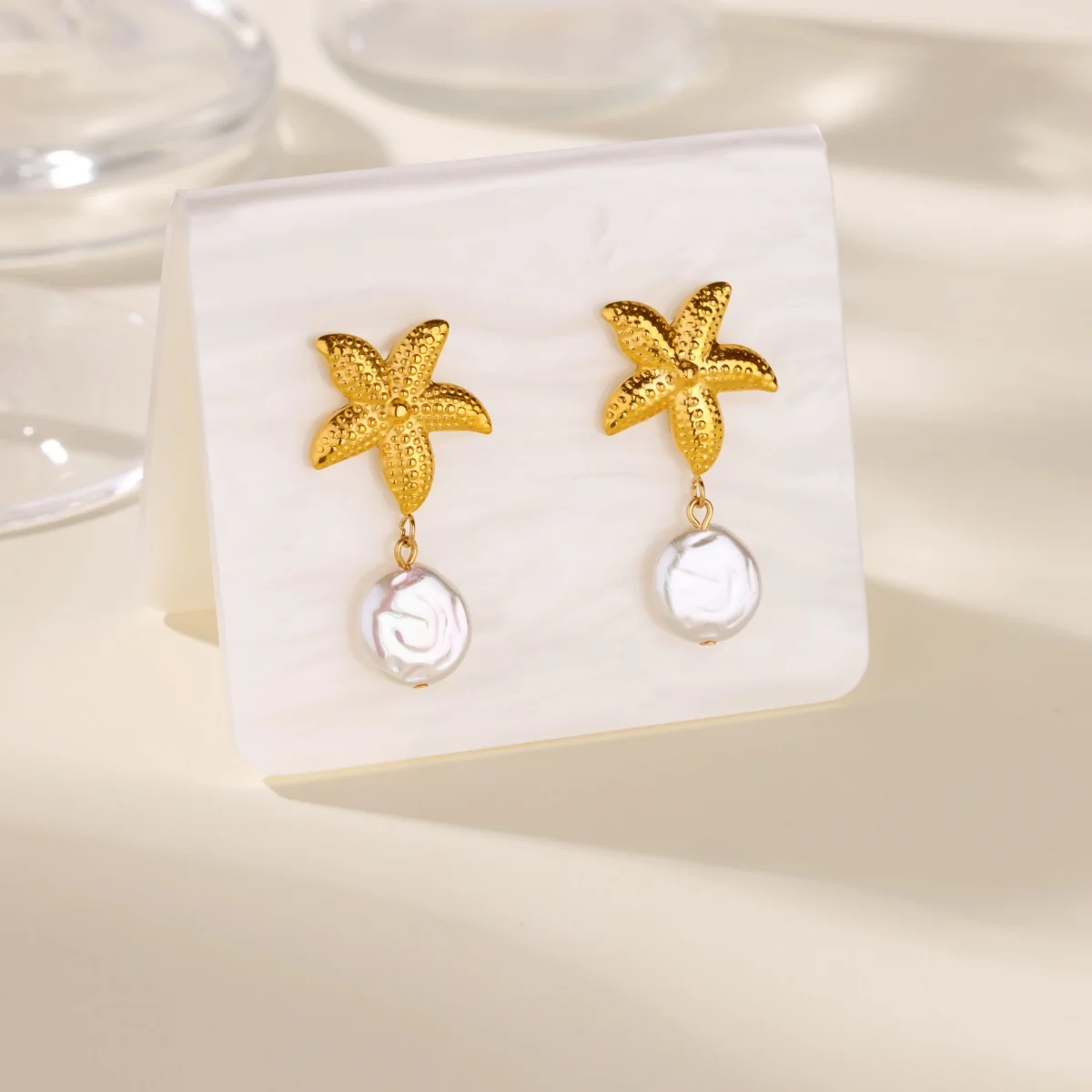 Starfish Conch Pearl Earrings Stainless Steel Gold Color Stud Earrings