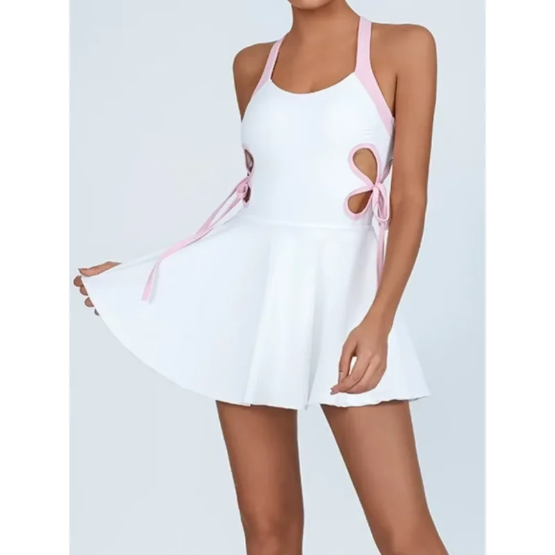 Tennis Dress Women with Separate Shorts White Contrast Hollowed Out Drawstring Side Sports Yoga Dress Training Running Fitness