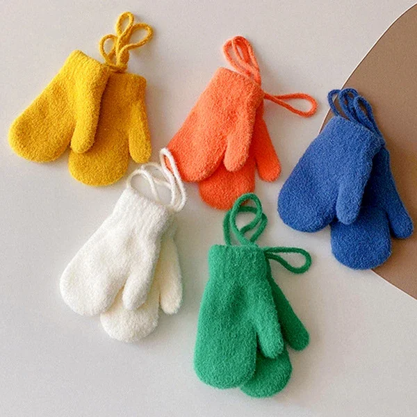 0-4Years Kids Winter Mittens Boys Girls Knitted Gloves Cute Candy Color Children Warm Full Finger Mittens Baby Gloves with Rope