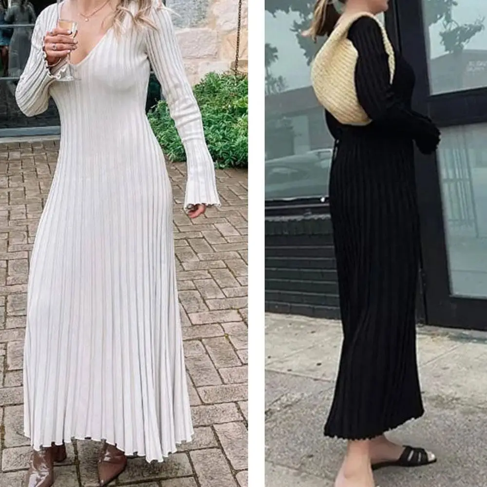 

Casual V-neck Women Knitted Maxi Dress Autumn Elegant Sleeve Long Women Ribbed Fashion Dresses Trumpet Streetwear Bodycon H8V7