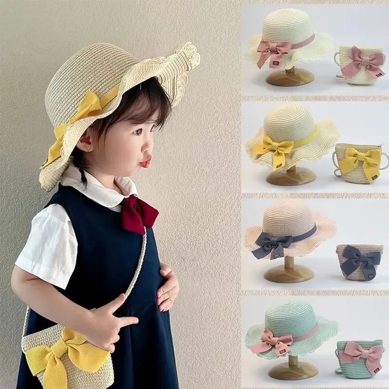 Straw Hat 2 Pcs Children Girls Summer Outdoor Beach Set straw hat,outdoor sun hat