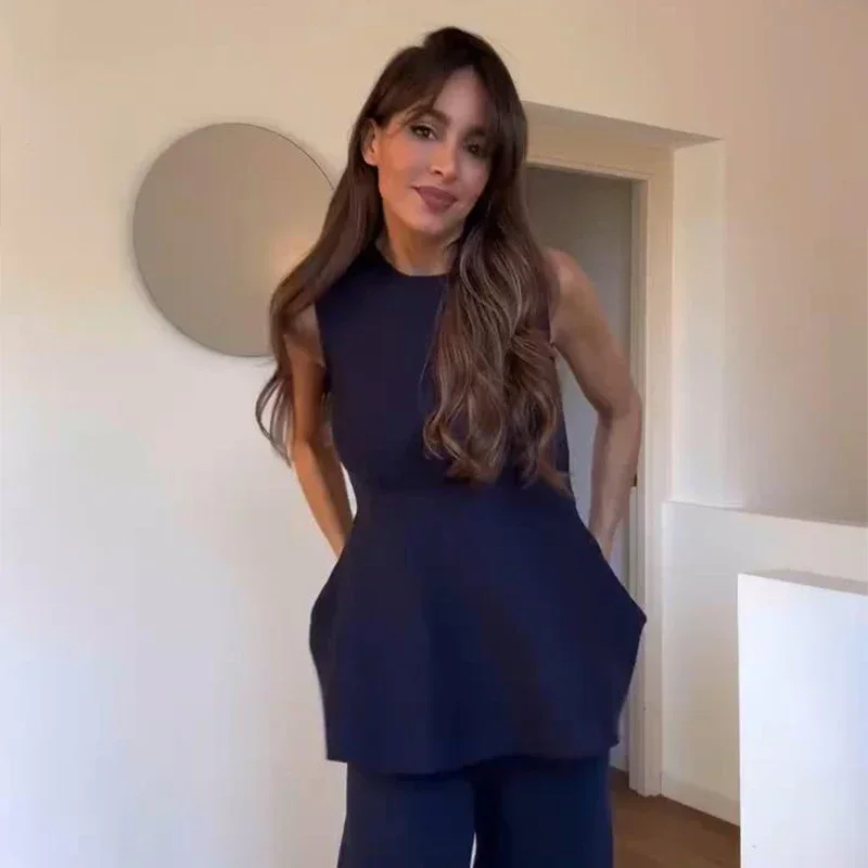 Conjunto elegante de dos piezas de pantalón de punto con cuello redondo, sin mangas, con volantes en los bajos, cintura alta, elástico, para dama, nuevo en trajes a juego.