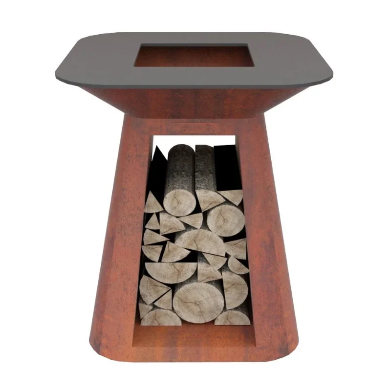 Focolare Da Esterno In Acciaio Corten Con Griglia Per Barbecue Griglia In Legno Bbq