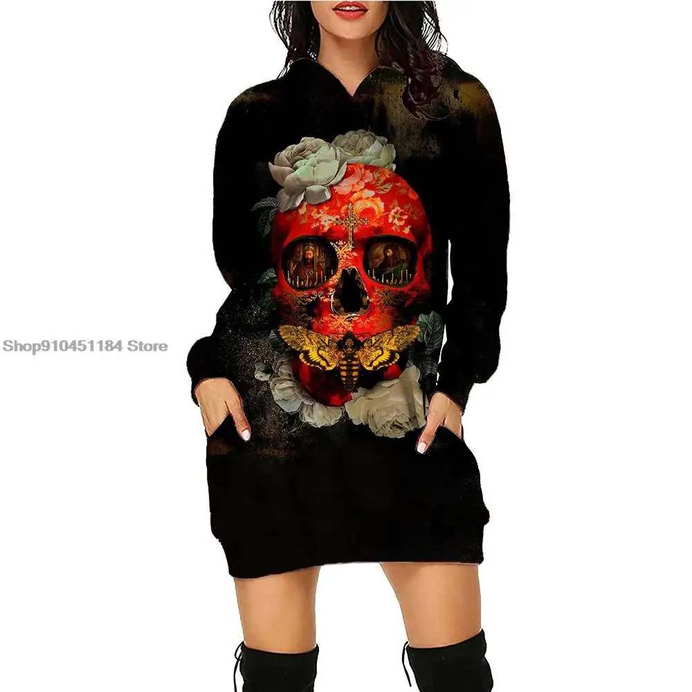 

Colorflu Skull Printed Hoodie Dress 3d Skull Pattern Long Sleeve Pullovers Fashion Medium Length Hoodie Winter Casual Women Tops