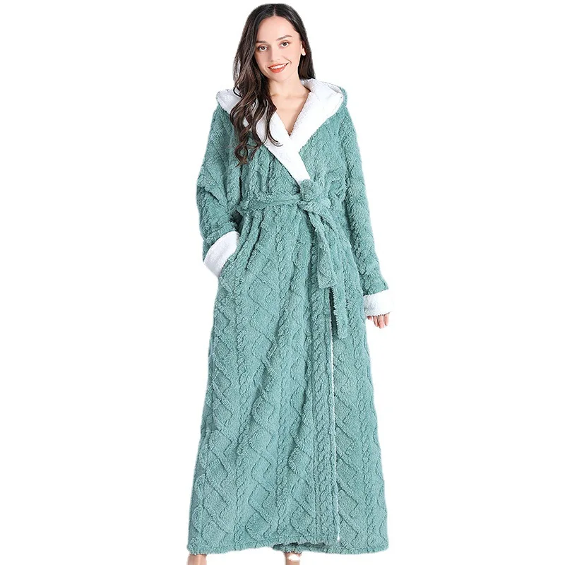 Thick Women Warm Bathrobe Solid Hooded Warm Ladies Dressing Gown Long Sleeve Fleece Pockets Flannel Bath Robe For Female