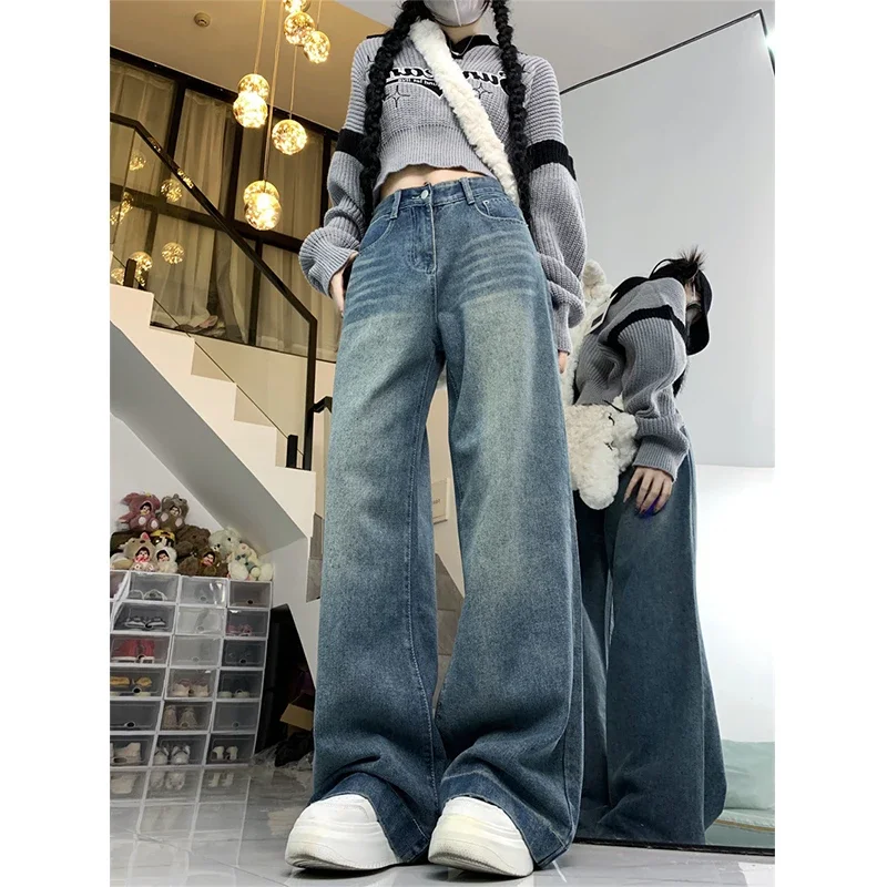 

Small Retro Washed Jeans Women Autumn and Winter Plus size High Waist Loose Straight Wide Leg Pants Distressed Mop Pants