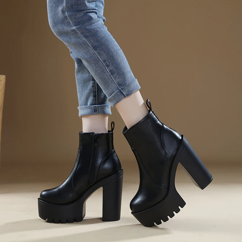 2023 Brand Design Ankle Boots Round Toe Thick High Heel Women Boots Leather Zapatos Mujer Fashion Autumn Women Shoes Botas Mujer